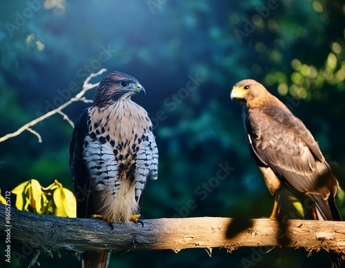 A sharp-eyed raptor perches on a wooden branch against a hazy backdrop of foliage - leaves and branches Foreground features another raptor