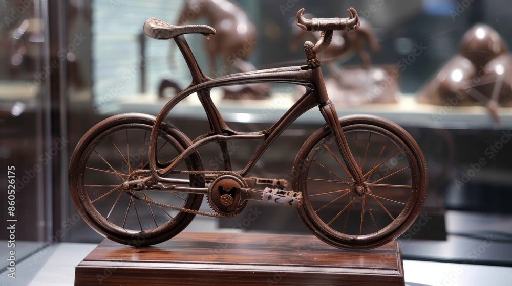 Obraz premium Detailed Chocolate Bicycle Sculpture on Display Stand in Art Exhibition