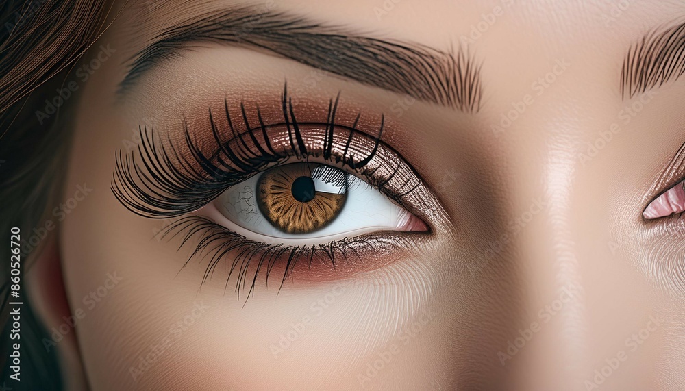 a close up of a woman's eye with long lashes and brown eyeshadow, looking straight ahead, to the left of the camera, with a gray background. a close up of a woman's eye with long lashes and brown eyeshadow, looking straight ahead, to the left of the camera, with a gray background.
