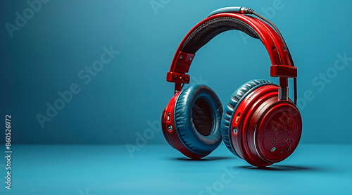 Red headphones with microphone on blue background...