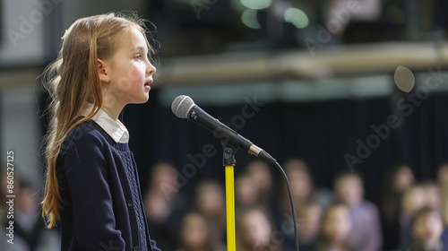 A young girl in a school uniform standing at the microphone speaking on stage at a competition of speeches and references during primary education photo