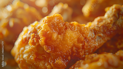 Close-up of golden brown crispy chicken legs stacked high photo