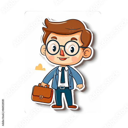 Cartoon businessman character with glasses holding a briefcase, ideal for business themes, education, or children's content.