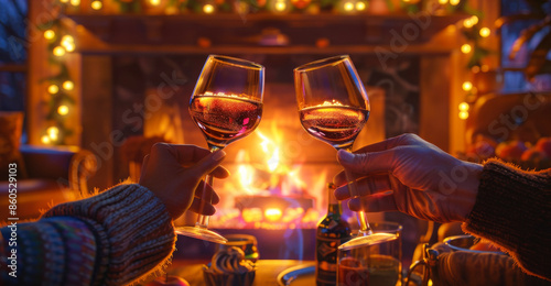 Toasting Red Wine by the Fireplace. Two hands holding glasses of red wine in front of a cozy fireplace, creating a warm and inviting setting perfect for intimate gatherings. photo