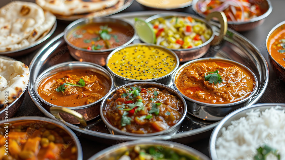 Festive Indian Thali: Vibrant Array of Dal, Curry, Roti, Rice, and Chutneys in Stainless Steel Platter Festive Indian Thali: Vibrant Array of Dal, Curry, Roti, Rice, and Chutneys in Stainless Steel Platter