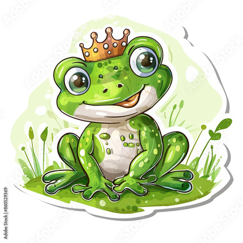 Adorable cartoon frog with a crown, sitting on grass. Perfect for children's illustrations and designs. photo