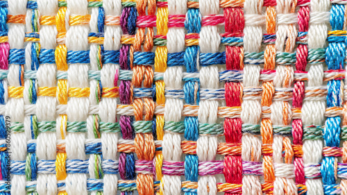A close-up of a colorful woven textile with a variety of threads. © Ritthichai