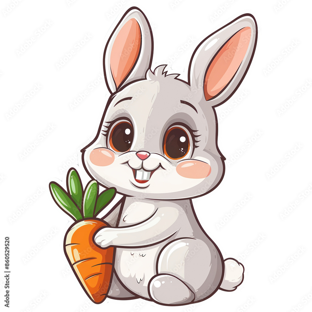 Adorable cartoon bunny holding a carrot, ideal for children's books, stickers, and animal-themed designs.