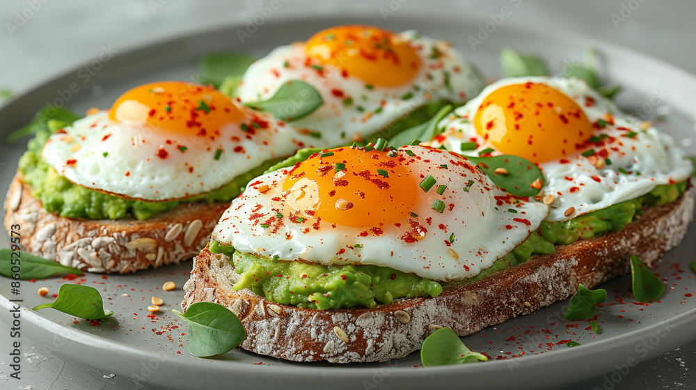 Delicious toasts with poached eggs on plate, closeup Delicious toasts with poached eggs on plate, closeup