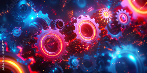 Futuristic Gears and Technology. Vibrant image of futuristic gears with glowing neon lights, representing advanced technology and innovation in machinery.