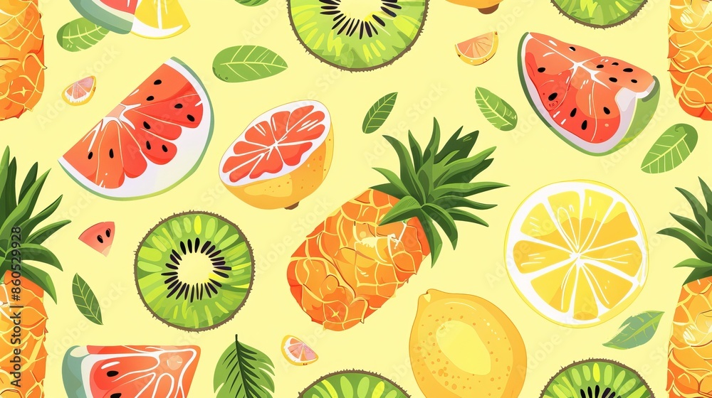 Cute tropical fruit pattern with pineapples, lemons, oranges, watermelons, palm leaves, and kiwis. It's a fully editable Japanese kawaii design. Cute tropical fruit pattern with pineapples, lemons, oranges, watermelons, palm leaves, and kiwis. It's a fully editable Japanese kawaii design.