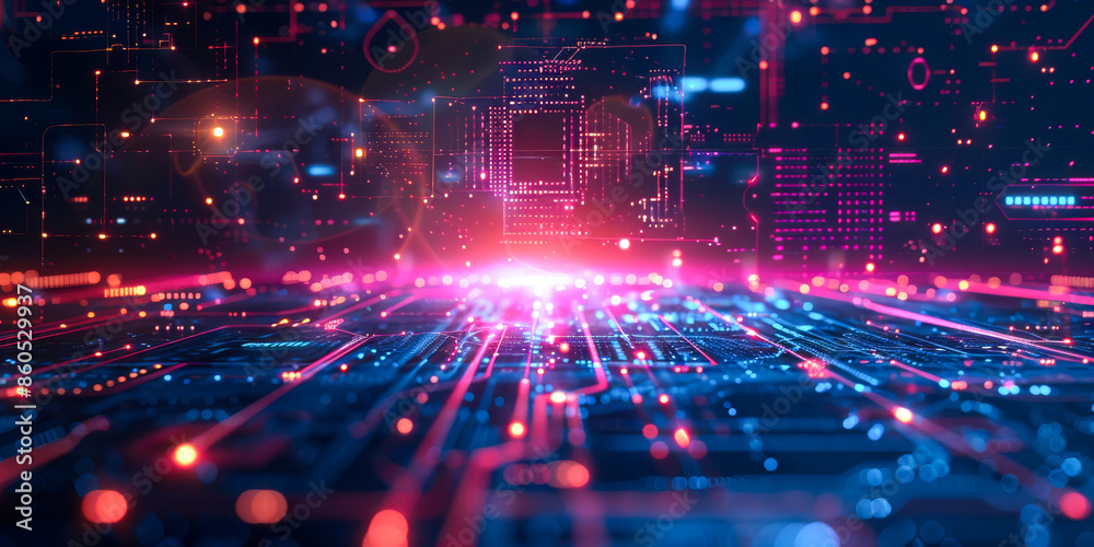 Fototapeta premium Futuristic Digital Circuit Pathway. Dynamic and vibrant digital circuit pathway with glowing pink and blue lights, representing advanced technology and innovation.