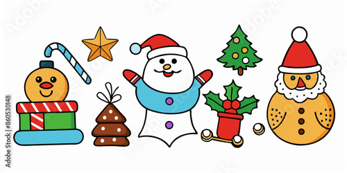 Christmas cartoon icons set on white background