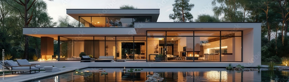 Minimalist luxury home, eye-level angle, sleek white facade with large glass windows, unexpected camera angle creates a dynamic perspective, photorealistic rendering