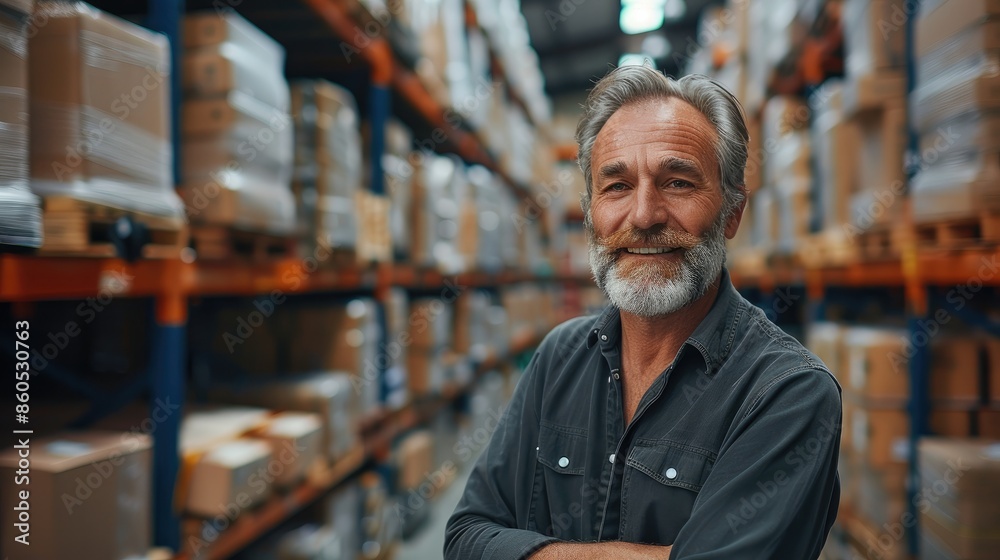 A smiling handsome man in his sixties managing the logistics warehouse, coordinating loading and unloading goods, blurred background of a warehouse. Generative AI. A smiling handsome man in his sixties managing the logistics warehouse, coordinating loading and unloading goods, blurred background of a warehouse. Generative AI.