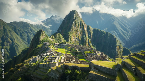 Ancient stone, megaliths, dolmens, obelisks, menhirs. During the day Machu Picchu in the bright daylight_012