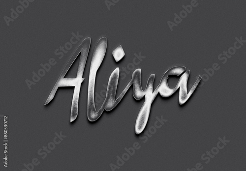 Chrome metal 3D Indonesian name design of Aliya on grey background.	 photo