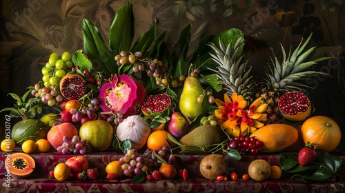Exotic fruits arranged on a table, bursting with vibrant colors.