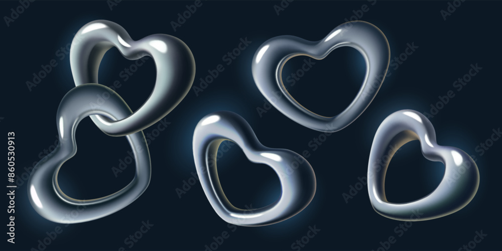Chrome 3d hearts vector design elements collection. Abstract steel metal y2k retro-futuristic romantic shapes on dark background. Chrome 3d hearts vector design elements collection. Abstract steel metal y2k retro-futuristic romantic shapes on dark background.