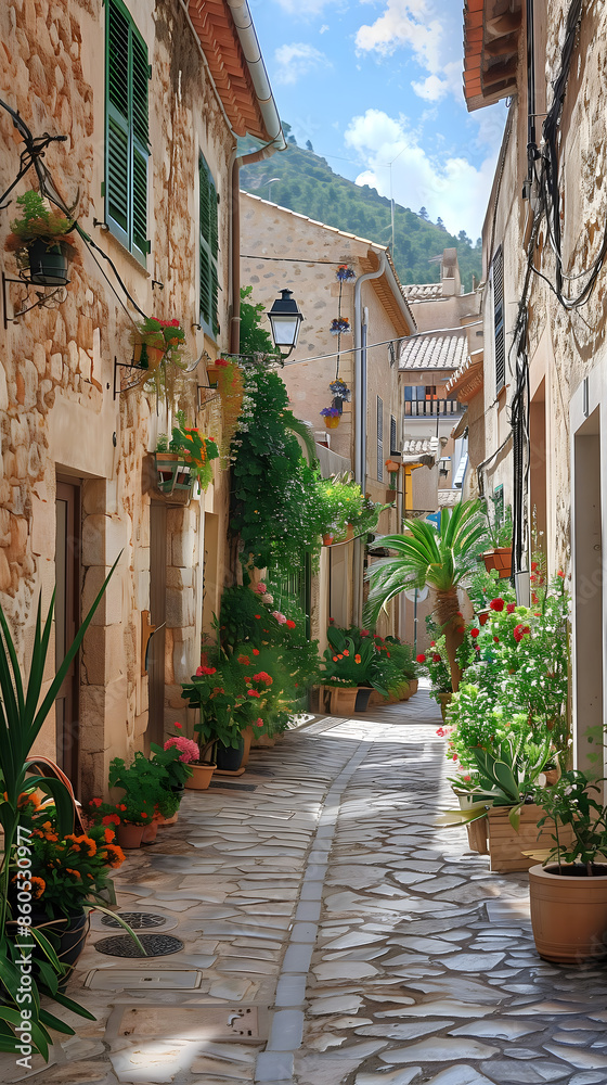 Calle de ciudad mediterránea con flores y plantas Calle de ciudad mediterránea con flores y plantas
