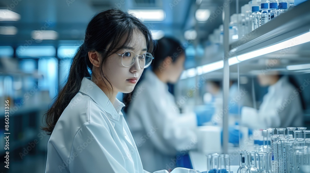 A modern laboratory, Chinese woman scientists in lab coats working on peptide synthesis, advanced lab equipment in the background. Bright, clean, and organized lab environment. Generative AI. A modern laboratory, Chinese woman scientists in lab coats working on peptide synthesis, advanced lab equipment in the background. Bright, clean, and organized lab environment. Generative AI.