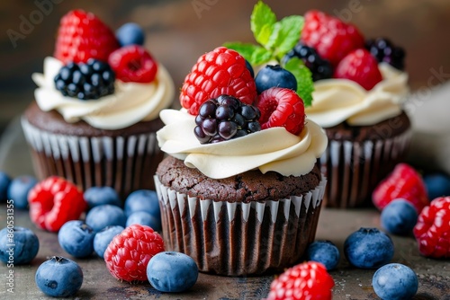 Decadent chocolate cupcakes with cream cheese frosting and fresh berries on display photo