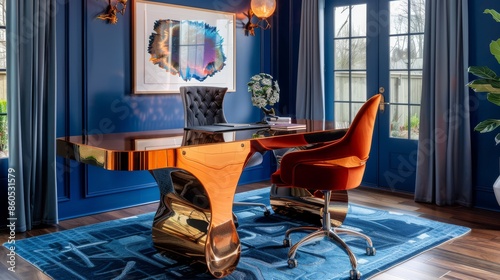 Modern Luxury Office with Stylish Orange Chair and Unique Golden Desk in Blue Room photo