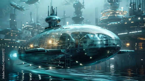Futuristic Underwater City with Advanced Transparent Submarine in Sci-Fi Marine Environment