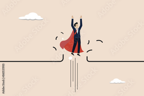 Breakthrough business barrier, obstacle to success, solve problem, leadership efforts for business growth, powerful businessman superhero breaking barrier line.