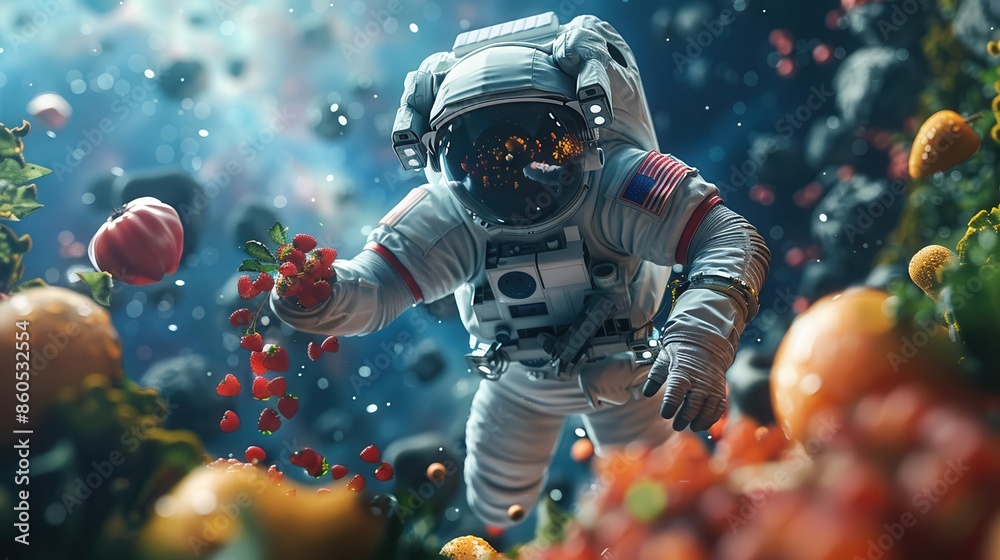 Low-angle view of an astronaut chef floating in space while cooking with floating ingredients Low-angle view of an astronaut chef floating in space while cooking with floating ingredients