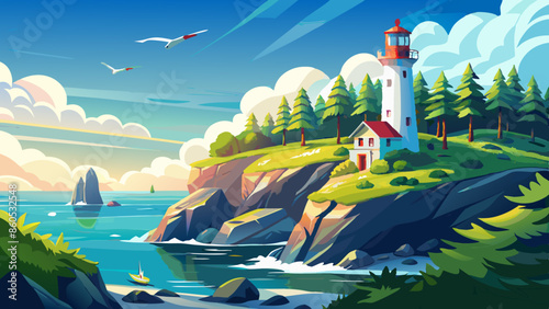 A lighthouse on a rocky cliff overlooking a calm ocean with seagulls flying in the blue sky, surrounded by lush green trees