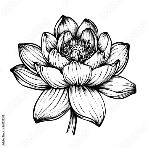 beautiful lotus flower on a white background black and white vector illustration in tattoo style