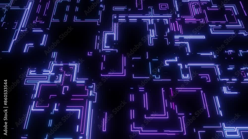 4k looped animation. Hi tech pattern on plane surface, neon glow, complex elements and structure. 3d objects form sci fi composition on surface 3d pattern. Information technology, futuristic hardware 4k looped animation. Hi tech pattern on plane surface, neon glow, complex elements and structure. 3d objects form sci fi composition on surface 3d pattern. Information technology, futuristic hardware
