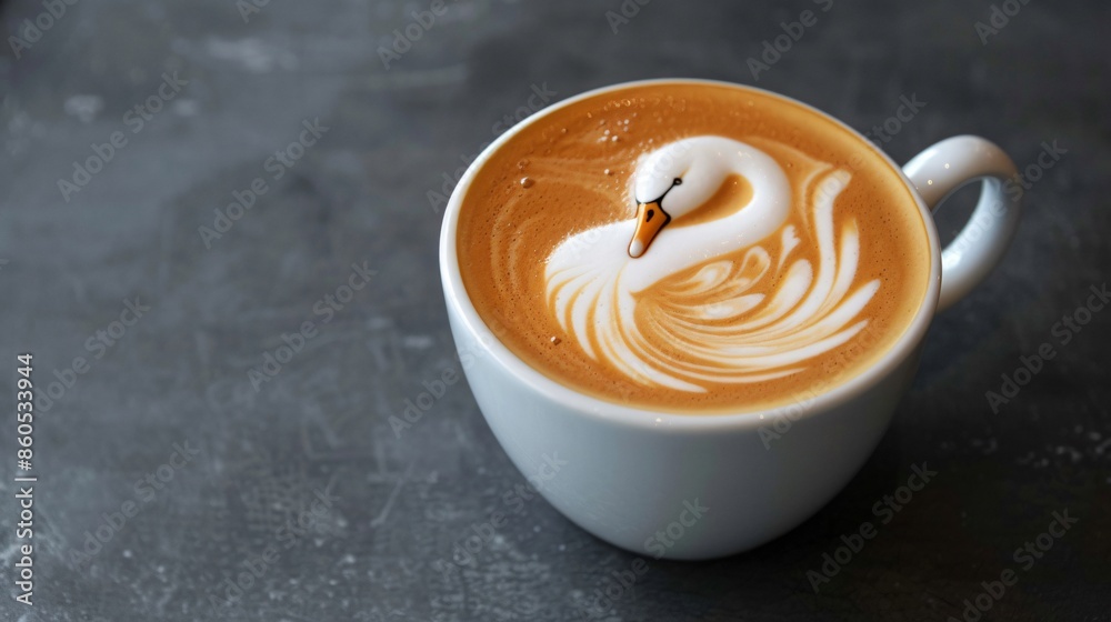 A close-up of a swan-shaped latte art in a white cup, with the delicate design showcased against a dark espresso backdrop A close-up of a swan-shaped latte art in a white cup, with the delicate design showcased against a dark espresso backdrop