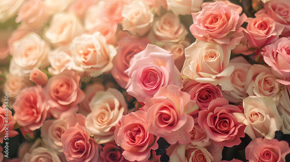 Delicate blossoming roses blooming flower wall festive background pastel and soft bouquet floral card toned : Generative AI