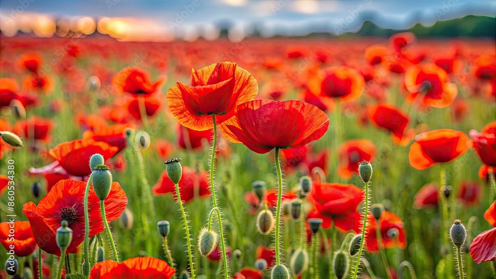 Naklejka premium Field of vibrant red poppies in full bloom.