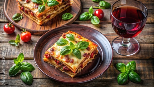 Plate of lasagna with basil and a glass of red wine.