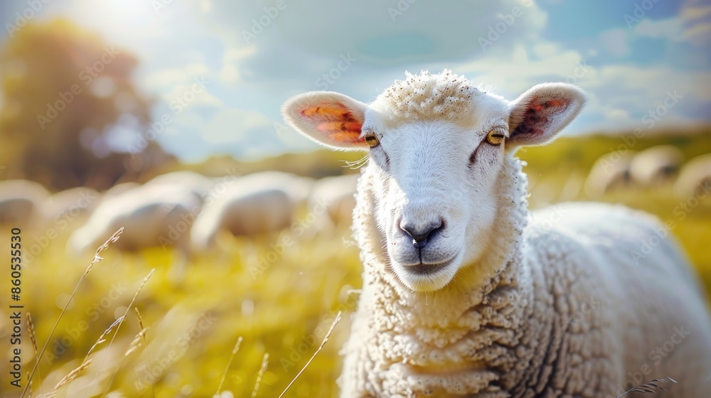 Fototapeta premium Illustration of Isolated embankment sheep in a pasture with a farm background. Ai generated image