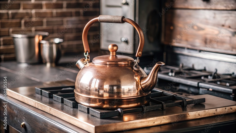 Copper kettle boiling on a gas stove. Copper kettle boiling on a gas stove.