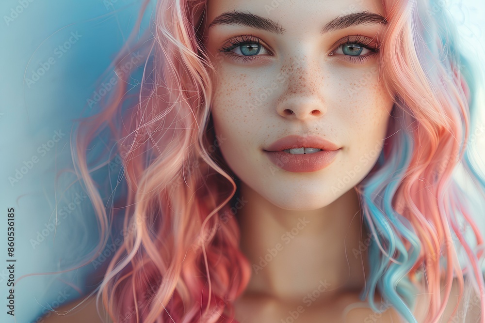 A close up of a woman with pink and blue hair A close up of a woman with pink and blue hair