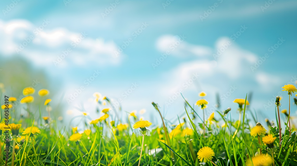 Beautiful meadow field with fresh grass and yellow dandelion flowers in nature against a blurry blue sky with clouds Summer spring perfect natural la : Generative AI Beautiful meadow field with fresh grass and yellow dandelion flowers in nature against a blurry blue sky with clouds Summer spring perfect natural la : Generative AI