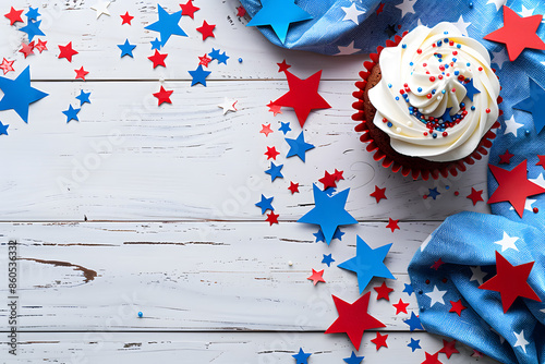 Patriotic cupcake with red, white, and blue stars and sprinkles on rustic wooden background, USA Independence labor day concept
