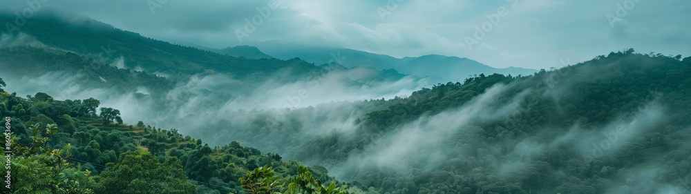 Obraz premium view over wooded mountain slopes, created with generative AI technology