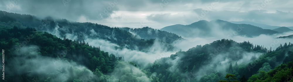 Obraz premium view over wooded mountain slopes, created with generative AI technology