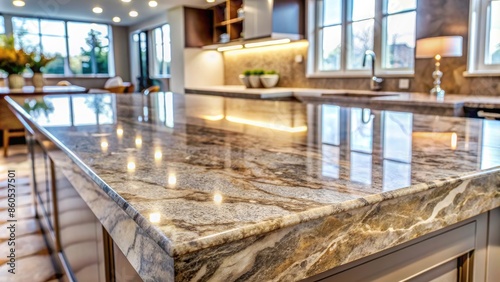Modern kitchen with marble countertops and stylish lighting.
