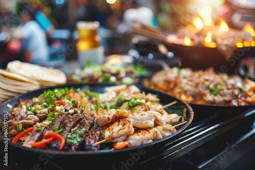 A vibrant street food scene with colorful grilled meats and vegetables on skewers, perfect for culinary and lifestyle themes.