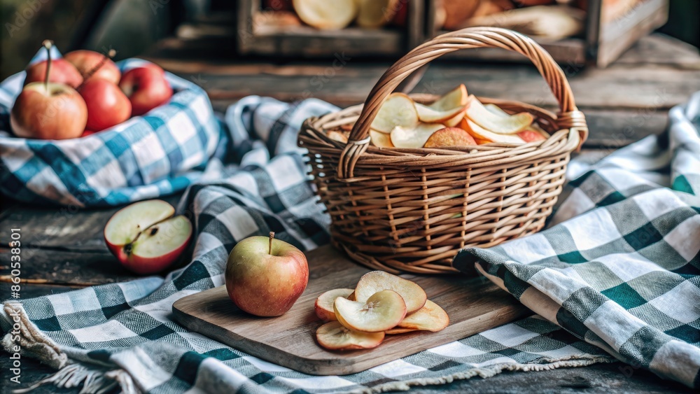 Basket of fresh apples on a checkered cloth in a rustic setting. Basket of fresh apples on a checkered cloth in a rustic setting.