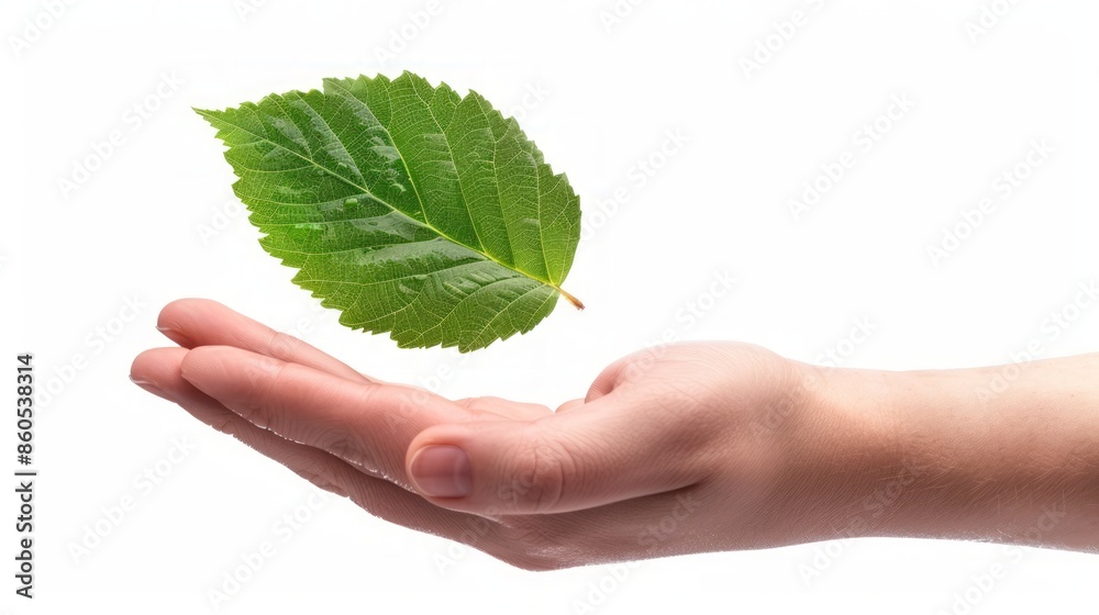 Hand Holding Green Leaf in Minimalist White Background Composition Hand Holding Green Leaf in Minimalist White Background Composition