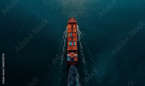 Aerial view of a cargo ship with containers sailing on a blue sea. © S A F I Y A