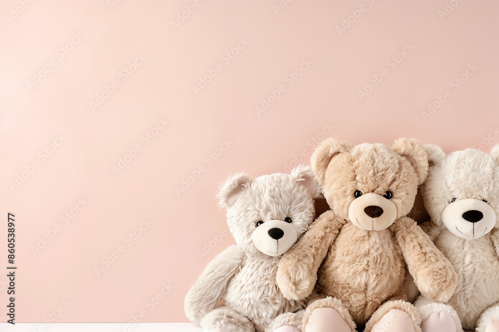 Obraz premium Three teddy bears sitting on a pink background.